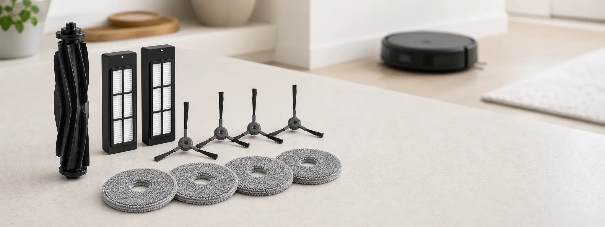 Eufy X9 Pro replacement accessory kit showing a roller brush, two filters, four side brushes and four grey mop pads arranged on a light surface in a modern home setting.