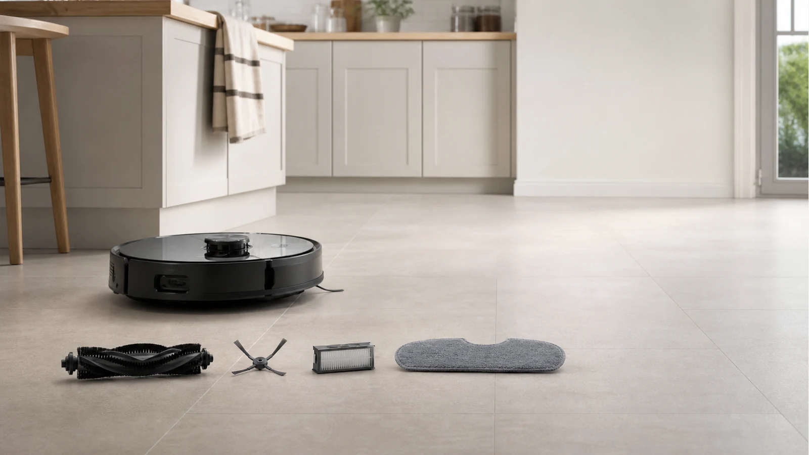 Robot vacuum consumable parts laid out beside a maintenance calendar on a UK hard floor