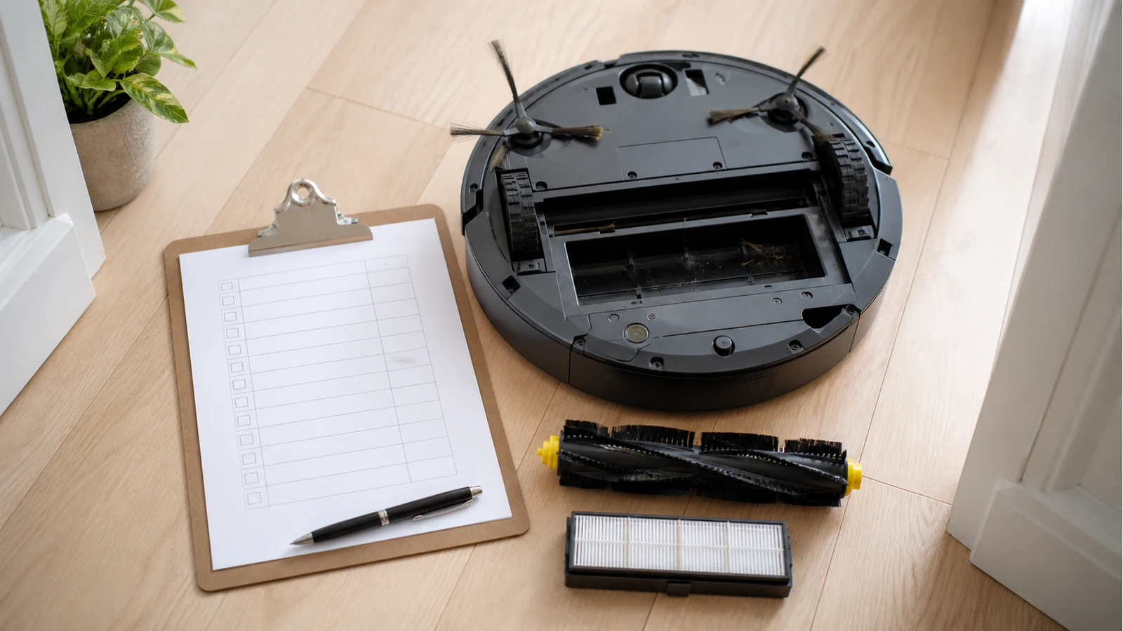 Robot vacuum maintenance checklist beside removed brush and filter parts
