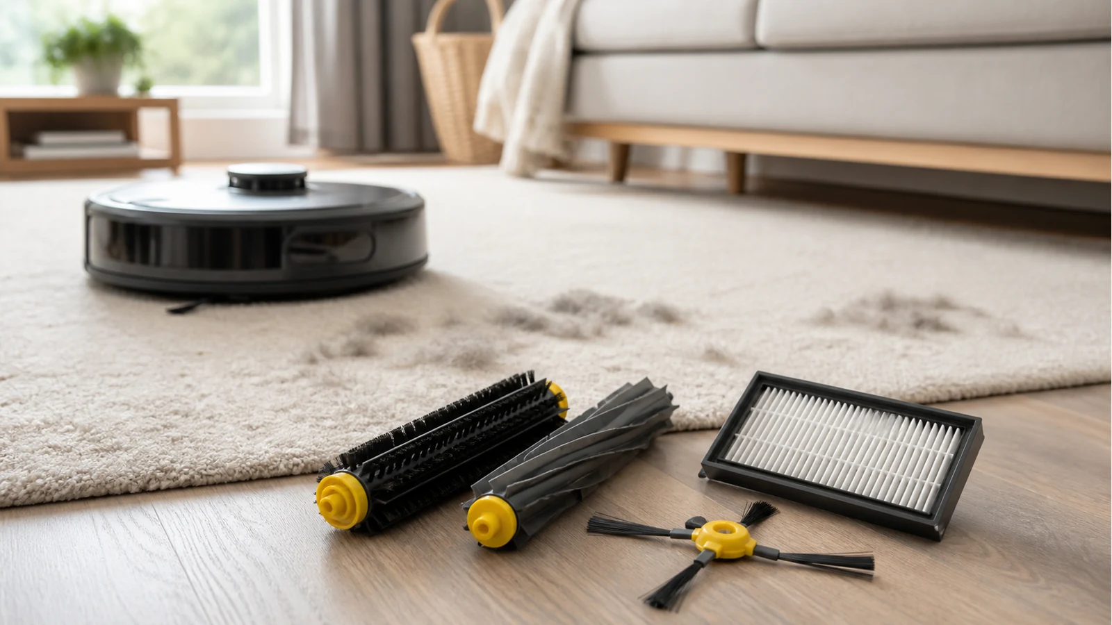 Robot vacuum replacement brushes and filter prepared for a pet-hair UK home