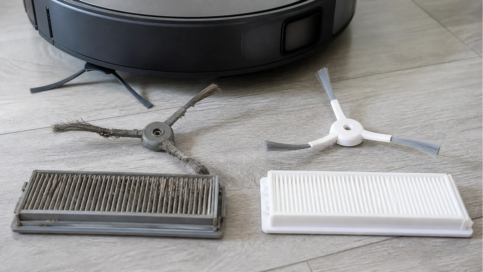 Worn robot vacuum brush and clogged filter next to fresh replacement parts